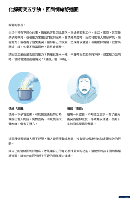 轉知學生輔導諮商中心製作「停、看、聽、想、說－化解親職衝突五字訣」宣導資料，詳情請參閱附件。圖片